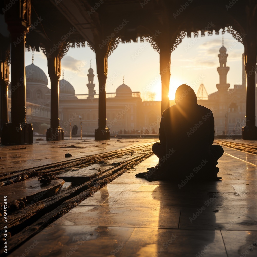 A Muslim seen from behind praying in front of and inside a mosque to fulfill spiritual needs, good for religion, business, websites, social media etc. Generative Ai Image