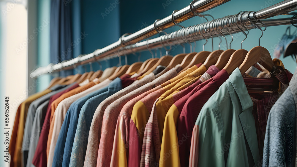 Hangers with colorful clothes in row on blue background. Hangers with colorful clothes in row on blue background.