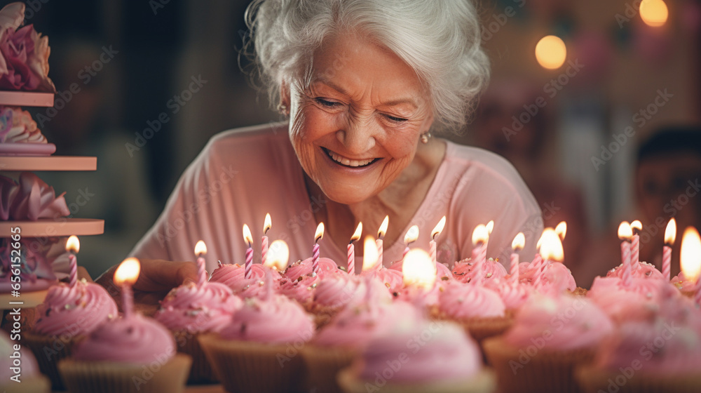 Woman is blowing out the candles on the cupcakes Woman is blowing out the candles on the cupcakes