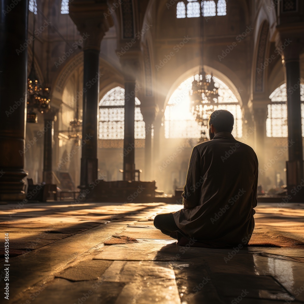 A Muslim seen from behind praying in front of and inside a mosque to fulfill spiritual needs, good for religion, business, websites, social media etc. Generative Ai Image