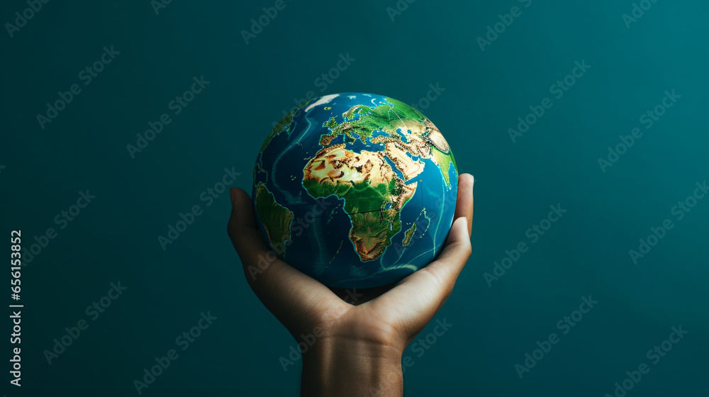 Hand holding a blue earth globe Hand holding a blue earth globe
