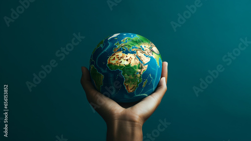 Hand holding a blue earth globe