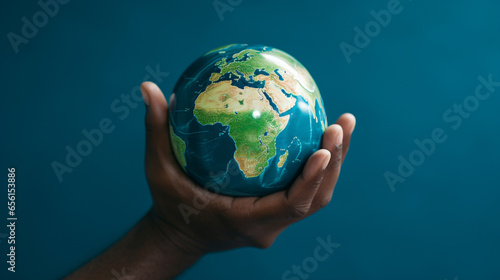 Hand holding a blue earth globe