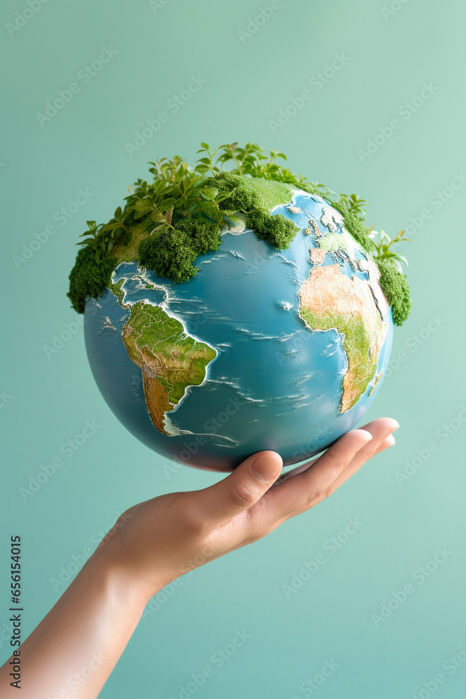 Hand holding a blue earth globe Hand holding a blue earth globe