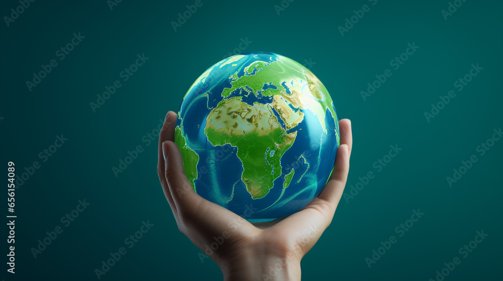 Hand holding a blue earth globe Hand holding a blue earth globe