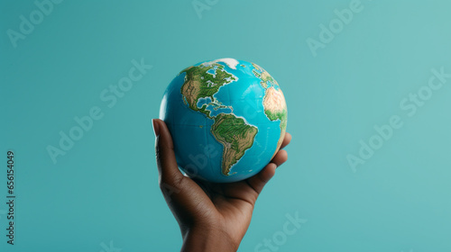 Hand holding a blue earth globe