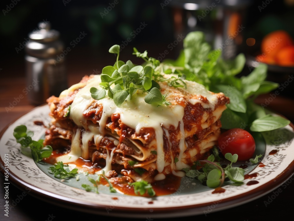 Delicious lasagna on a plate with basil and tomato sauce.