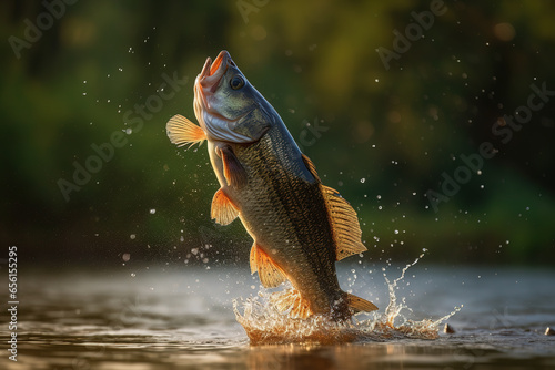 Fishing trophy - large freshwater bass jumps out of the water into the air on a green background. Generative AI photo