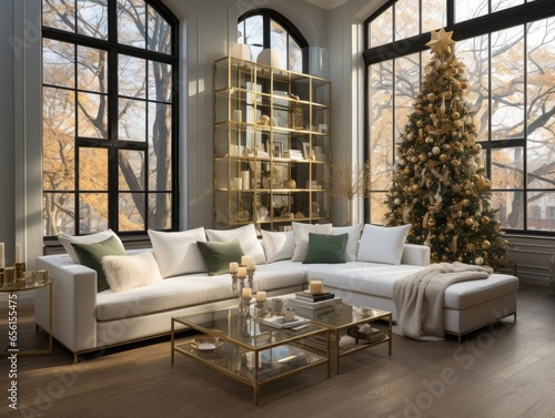 3d render of living room interior with christmas tree, sofa and coffee table