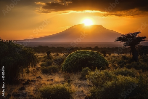 Sunset at mountain Kilimanjaro Tanzania and Kenya, travel summer holiday vacation idea concept. Generative AI