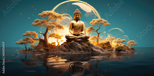 buddha seated on a small island with trees