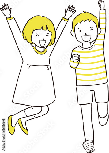  .手描き1color   喜ぶ女の子と男の子　黄色