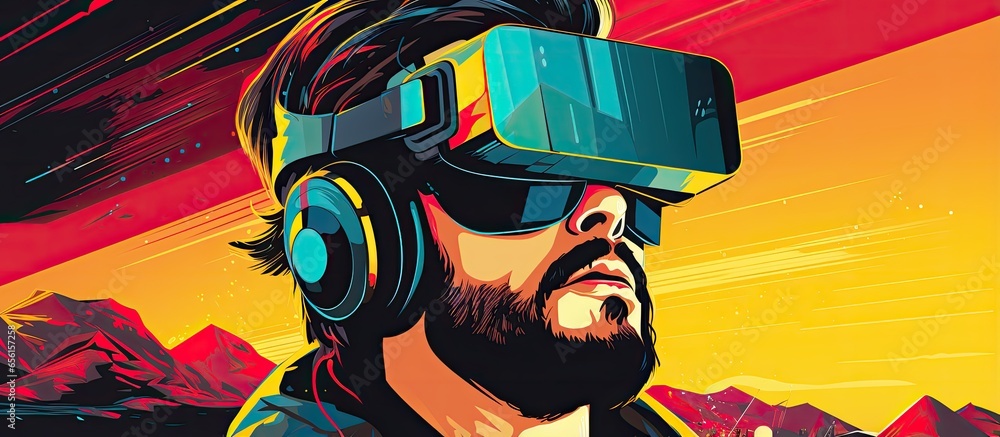 Flat design style image of a person wearing a head mounted display representing the concept of virtual reality