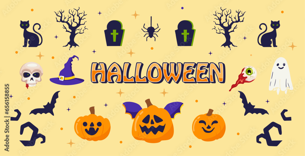 Halloween vector design with clip art set of pumpkins, bats, ghosts, cats, skulls, hats and others. suitable for posters and web Halloween vector design with clip art set of pumpkins, bats, ghosts, cats, skulls, hats and others. suitable for posters and web