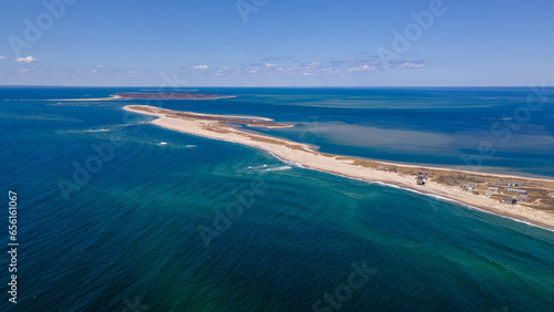 Ariel view of beach and ocean.