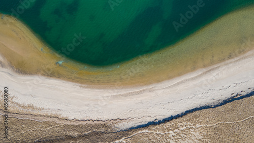 Ariel view of beach and ocean.