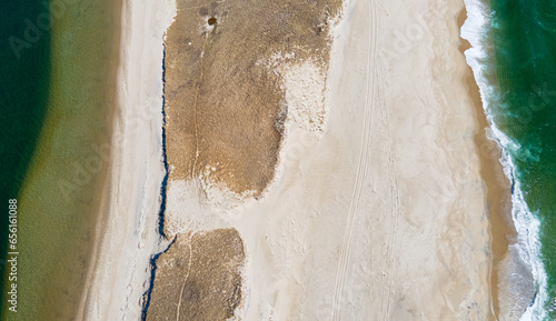 Ariel view of beach and ocean.
