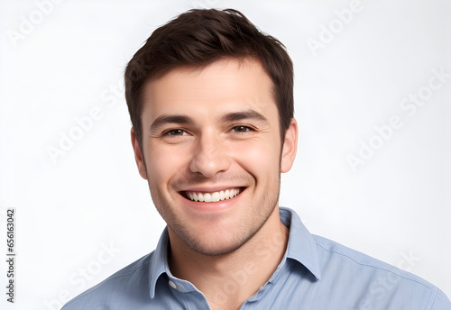 Handsome young man smiling cheerful at the camera with a smile on face showing teeth