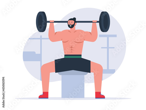 Man lifting barbell at gym. Exercise flat vector illustration