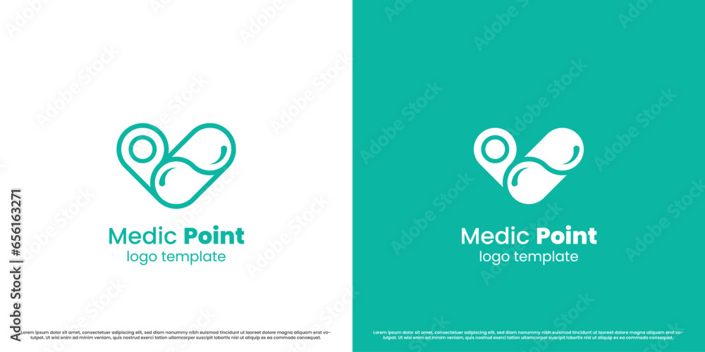 Pill point map medicine logo design illustration. GPS silhouette of health treatment place pharmacy pharmacy hospital clinic surgery care. Simple abstract minimalist modern subtle geometric icon.