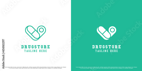 Illustration of a clinic pharmacy hospital logo design. Flat silhouette medicine medical point gps pills pharmacy health science care heart love. Simple minimalist subtle quiet modern icon symbol.
