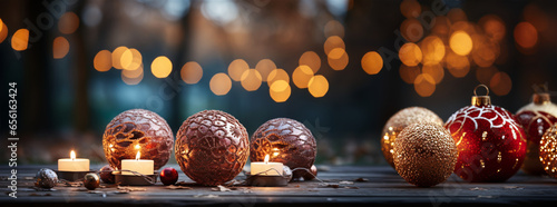 Christmas deccor , red balls and candles on snow winter sense with Christmas lighting blurry background, copy space. ai ganerated photo