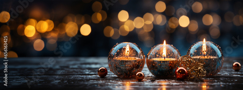 Christmas deccor , red balls and candles on snow winter sense with Christmas lighting blurry background, copy space. ai ganerated photo