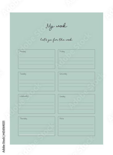set of Minimalist planner pages templates. Organizer page, diary and daily control book. Life planners, weekly and days organizers or office schedule list. Graphic organization paper vector set.