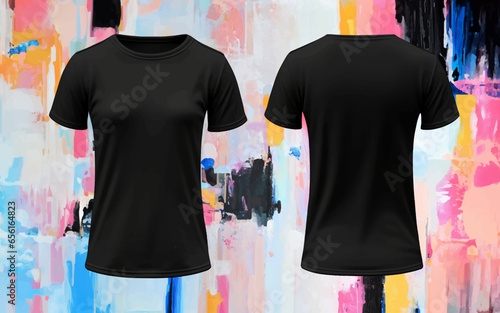 Woman Black Tshirt Mockup, Fashion Illustration Clothes, Women Blank Template, Realistic Front Back 3D Shirt Cloth on Colorful Background