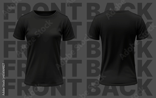 Woman Black Tshirt Mockup, Fashion Illustration Clothes, Women Blank Template, Realistic Front Back 3D Shirt Cloth on Text Grey Background