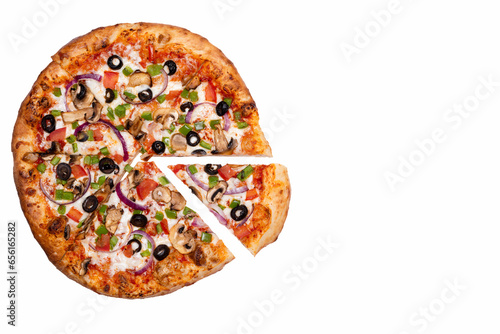 Fotografi Sliced everything pizza on a white background