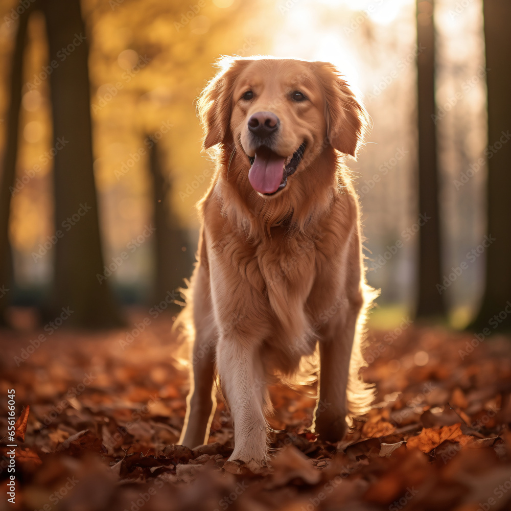Golden retriever, photography, golden, furry, playful, in a park with autumn leaves, joyful, soft afternoon light, warm golds and browns Generative AI	