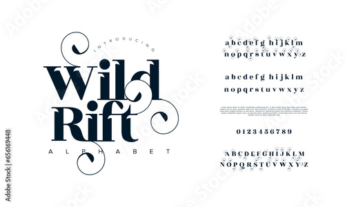 Wildrift premium luxury elegant alphabet letters and numbers. Elegant wedding typography classic serif font decorative vintage retro. Creative vector illustration
