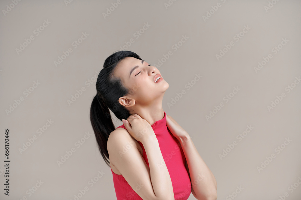 Woman have a neck pain,Isolated on white background,Healthcare Concept