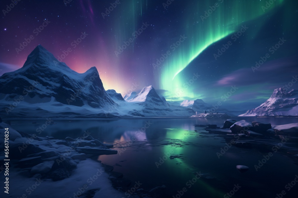 Northern lights or aurora in a winter landscape