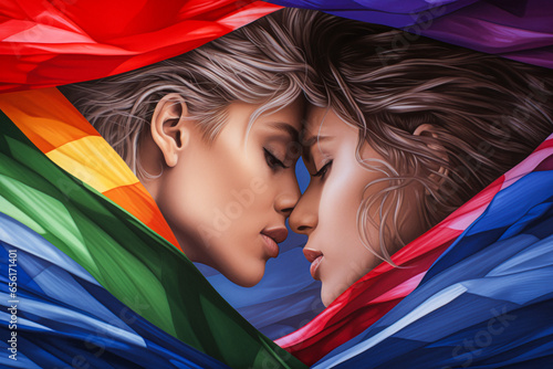 Couple of beautiful female lesbian lying in bed covered in lgbt rainbow flag