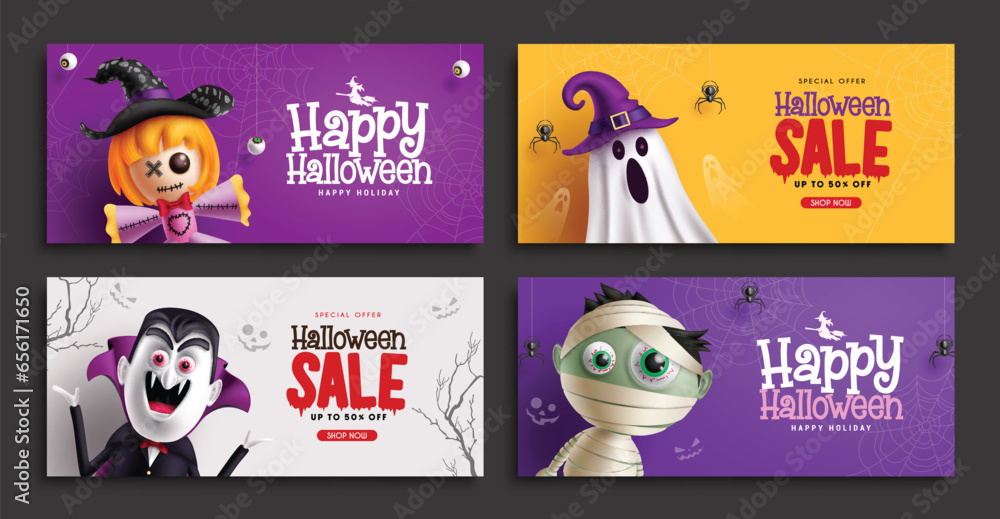 Halloween sale card vector set design. Halloween greeting card tags lay out collection for holiday season shopping promo discount tags. Vector illustration party sticker postcard.
