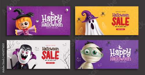 Halloween sale card vector set design. Halloween greeting card tags lay out collection for holiday season shopping promo discount tags. Vector illustration party sticker postcard.
