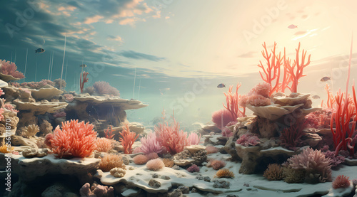 an underwater view showing corals, fish, and tropical plants
