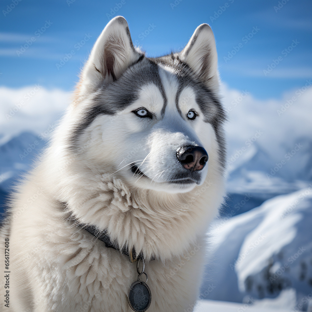 Husky, photography, blue-eyed, fluffy, majestic, on a snowy mountain trail, adventurous, bright midday light, cool whites and grays Generative AI