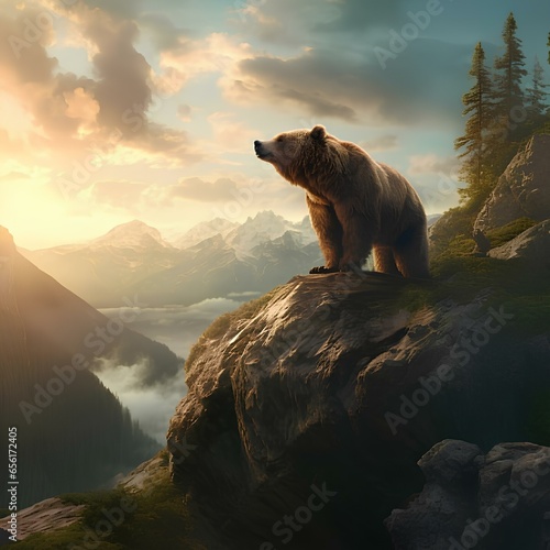 a bear with a large body and strong physique on a cliff with a beautiful view