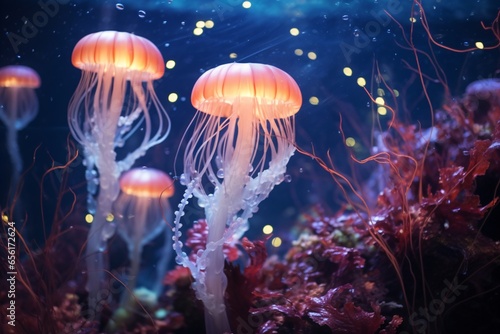 Bioluminescent jellyfishes swimming underwater © Tarun