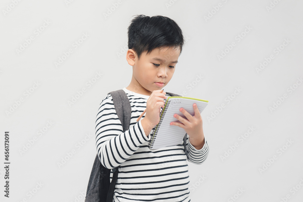 Asian school boy, holding notebooks, isolated on white background - Banner Asian school boy, holding notebooks, isolated on white background - Banner