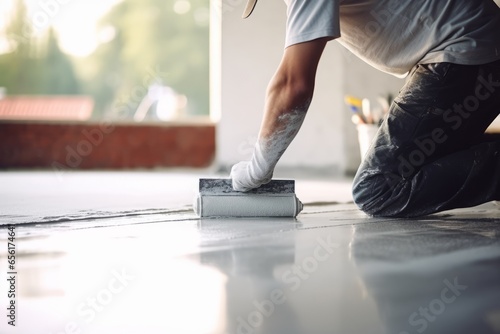 Tiler working and smoothing the floor with a spatula Master tiler Craftsman Business Generative AI 