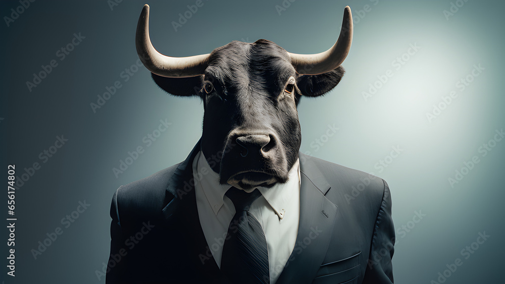 Analog style bull in a business suit. Elegant Executive: Portrait of a Horned Creature in Formal Attire. Innovative executive in formal attire with an antlered creature. Generative AI Analog style bull in a business suit. Elegant Executive: Portrait of a Horned Creature in Formal Attire. Innovative executive in formal attire with an antlered creature. Generative AI