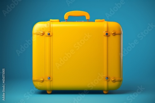 Gelber Reisekoffer vor blauem Hintergrund Symbolbild für Urlaub Flughafenkontrolle Generative Ai