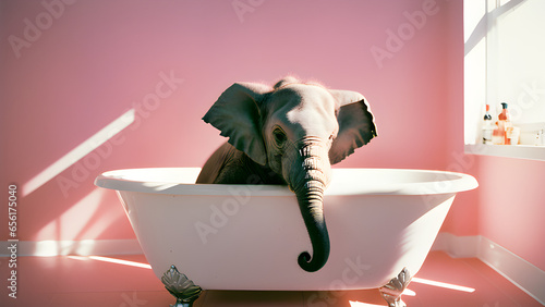 Baby elephant taking a bath in a bathtub, concept of Animal hygiene and Domestication of wild animals. Graceful Elephant Enjoying a Relaxing Bath. Pink wall. Generative AI