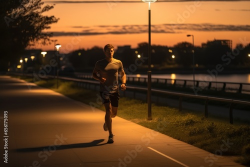 Male jogger in his 30s running at dusk Man Doing Sports Marathon Preparation Generative Ai