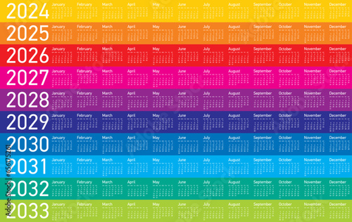 Colorful Calendar for Years 2024 to 2033, in Vector Format.