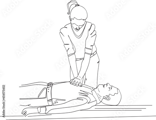 Cardiopulmonary Resuscitation (CPR) in Action - Vector Art, Young Girl Administers CPR to Man - Sketch Drawing, Medical Resuscitation: CPR for Cardiac Arrest Patient